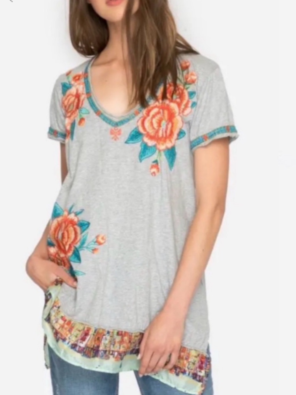 Johnny Was Aveline Scarf Flounce Tunic Short Sleeve‎ Embroidered Silk Gray Top M